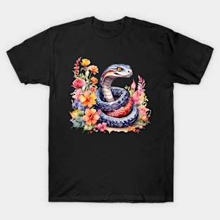 A snake decorated with beautiful watercolor flowers T-Shirt